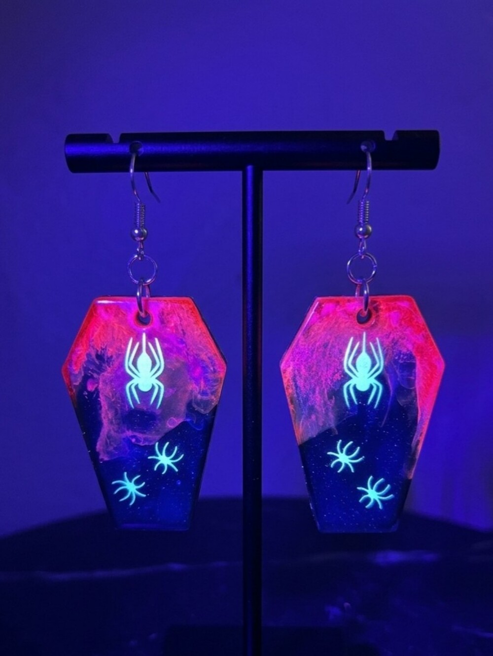 Handmade Glow In The Dark Coffin Earrings | Goth Spider Resin Dangles